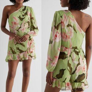 New! Express Green Floral One Shoulder Wrap Front Ruffle Romper nwt 22041